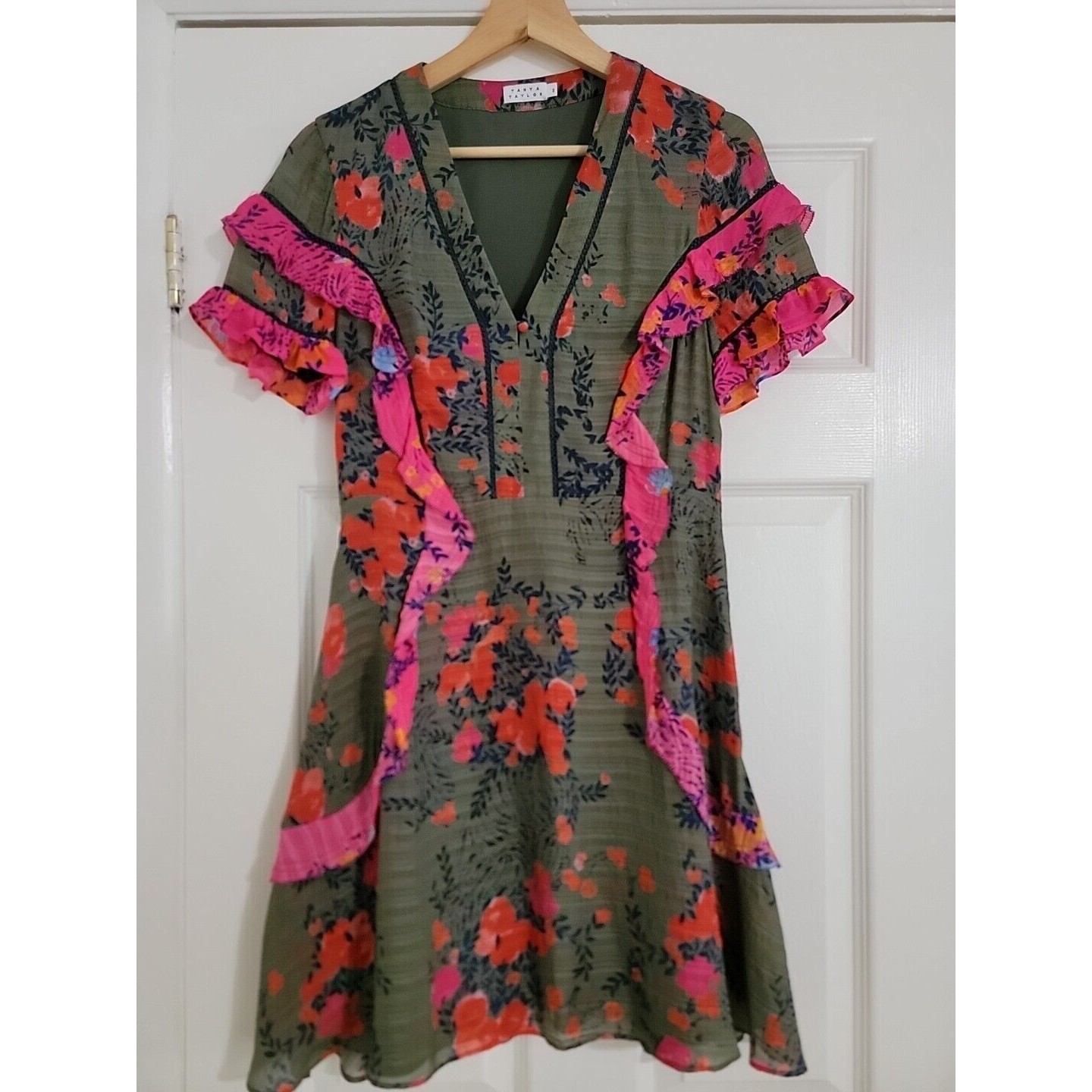 Tanya Taylor Rhett Falling Floral Print Silk Short Dress Size 2 Army Green Pink